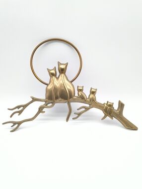 Vintage Mid-Century Modern Brass Cat Family Wall Hanging
